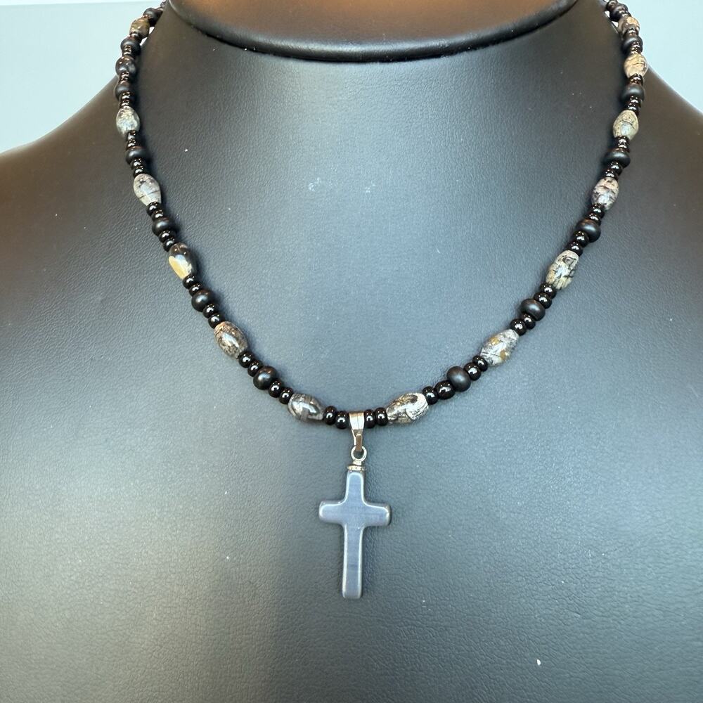 VTG Beaded Cross Pendant Necklace 15” Mixed Semi-Precious Gemstones Agate Beads